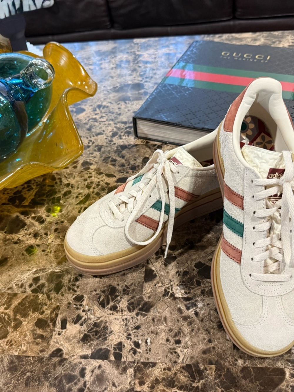 adidas “Maple Leaf”Cream Suede Sneakers with Green & Rust Stripes